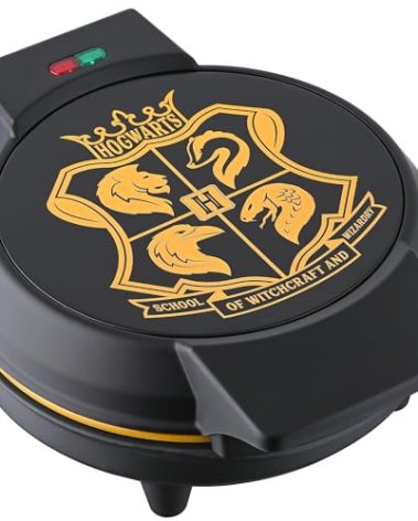 Warner Brothers Harry Potter Round Waffle Maker by Select Brands - Ceramic Coated Cooking Plates - Imprints Hogwarts Crest on Waffles, Black and Gold, WBH-250WM