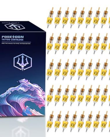 POSEIDON 50PCS Tattoo Cartridge Needles Mixed Size Steriled Needles with Disposable Membrane Safety Cartridges - 1203RS, 1205RS, 1207RS, 1209RS, 1211RS for Tattoo Pen