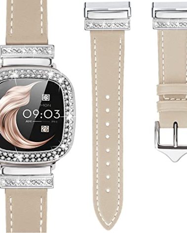 Leather Watch Band Compatible with Fitbit Sense 2/Versa 4 Bands, Women's Dressy Rhinestone Metal Buckle for Versa 3/Sense (Silver/Beige)