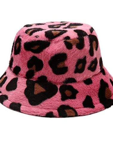 Umeepar Winter Faux Fur Fuzzy Bucket Hat Fluffy Warm Hat for Women Men (Big Leopard Print Rose)