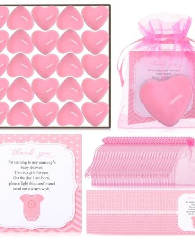 Threlaco 50 Sets Baby Shower Favors Include 50 Pcs Valentine Heart Shaped Tealight for Guests Baby Shower Candles Tealight with Thank Cards and 100 Pcs Gift Bags for Gender Reveal(Pink)