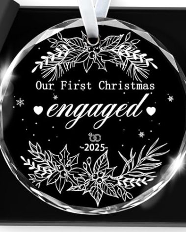 Christmas Ornaments 2025, Engagement Ornament 2025 Our First Christmas Engaged Ornament for Xmas Hanging Decor Engagement Gifts for Newly Engaged Couples Bridal Shower 3x3Inch Transparent Glass