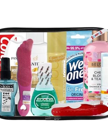Womens Travel Toiletry Kit, 10 Travel-Size Hygiene Essentials for Bath, Shaving, Personal Care in TSA-Compliant Transparent Bag, Mini Toiletries Kit for Business, Charity, Womens Gift