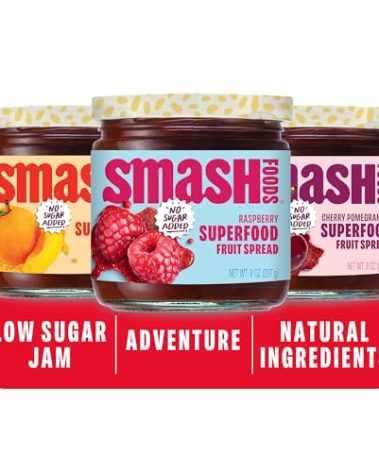 Smash Foods Jam, Variety Adventure 3-Pack | No Sugar Added, Naturally Sweet Jelly | Keto Friendly, Low Calorie, Low Carb | Non GMO, Upcycled, Vegan, Plant Based, Paleo | Raspberry, Apricot, Cherry Pomegranate