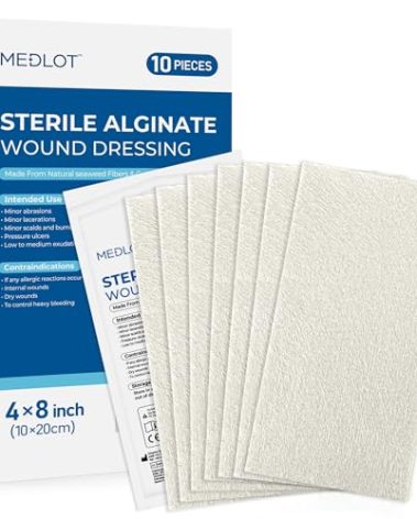 LotFancy Calcium Alginate Wound Dressing, 4”x8” Patches, 10 Count, Sterile Non-Stick Padding, Highly Absorbent Wound Dressings Pads for Emergency Care, Fast Healing
