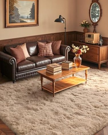 5x7 Living Room Rugs Fluffy Neutral Beige Area Rug，Modern Plush Non-Slip Soft Bedroom Shag Carpet for Book Room Office,Coffee Stain Resistant