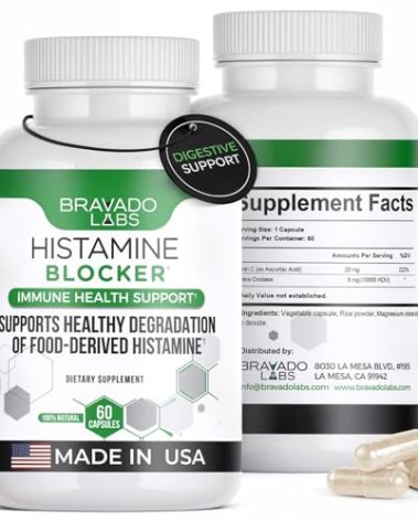Bravado Labs Histamine Blocker Supplements – DAO Enzyme Formula & Vitamin C – Daily Support for Histamine Intolerance & Immune Support – DAO Supplements Histamine Blocker – 60 Capsules – Made in USA