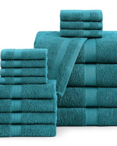 LANE LINEN 100% Cotton Luxury Bath Towel Set - 16 Pieces - Ring Spun, Quick Dry, Highly Soft & Absorbent - 4 Bath Towels, 8 Washcloths, 4 Hand Towels for Bathroom - Sustainably Produced - Sea Port