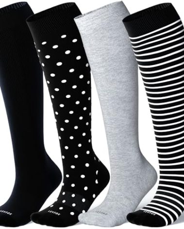LEVSOX Compression Socks for Women&Men 20-30 mmHg Knee High Fun Cute Graduated Support Socks for Nurses, Pregnant Women, Travel and Flight, Medical, Black, Stripe, Polka Dots