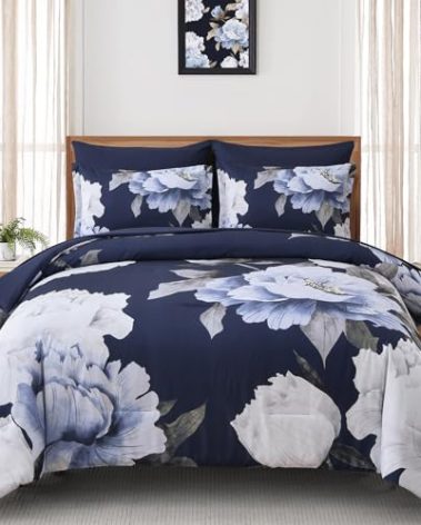 Dobuyly Navy Blue Comforter Set Queen Size 7 Piece Bed in a Bag, Floral Comforter Set with Sheets, Soft Microfiber Botanical Flowers Complete Bedding Set for All Season