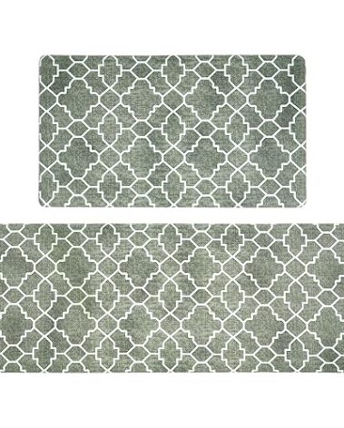 FRESHMINT Kitchen Mat Set of 2, Anti-Fatigue Cushioned Kitchen Mats for Floor, Waterproof Non Slip Comfort Standing Mat, Boho Kitchen Rug for Kitchen Decor, Sink, Office, 17"x30"+17"x47", Sage Green