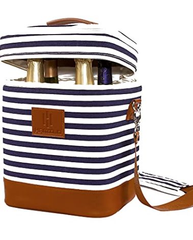 HAMILO 4 Bottle Wine Carrier - Stripe, Champagne Carrier Bag, Waterproof Wine Tote Bag with Expandable Zipper and Padded Shoulder, Insulated Wine Bag, Wine Cooler Bag, Wine Accessories Gift for Women