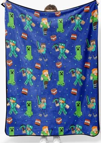 Minecraft Plush Throw Blanket - Measures 50 x 60 Inches - Kids Super Soft Blue Fleece Bedding, Features Creeper