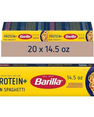 BARILLA Protein+ (Plus) Thin Spaghetti Pasta, 14.5 Ounce (Pack of 20) - plant based pasta - Made from Lentils, Chickpeas & Peas - Non-GMO, Kosher Certified and Vegan