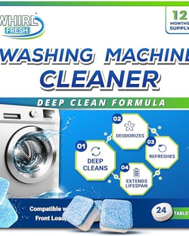 Whirl Fresh Washing Machine Cleaner Tablets, 24 Pack–Deep Cleaning Tablets for Top & Front Load HE Washer Cleaners, Descaler & Deodorizer, Septic Safe, Cleans Drum, Tub, Seal & All Internal Parts