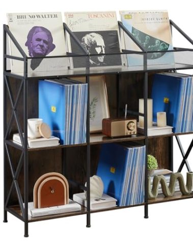 EYOCAL 9 Grids Vinyl Record Storage Holder Rack， Wooden Record Display Table for Magazines Files Albums Books for Living Room Bedroom Patent Pending