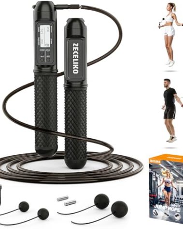 ZECELIKO Smart Jump Rope with LED Display and Jump Counter, Weighted Cordless Design for Home Gym & HIIT, Adjustable Steel Wire for Fitness, Tracks Jumps, Calories & Time, for Men, Women & Kids