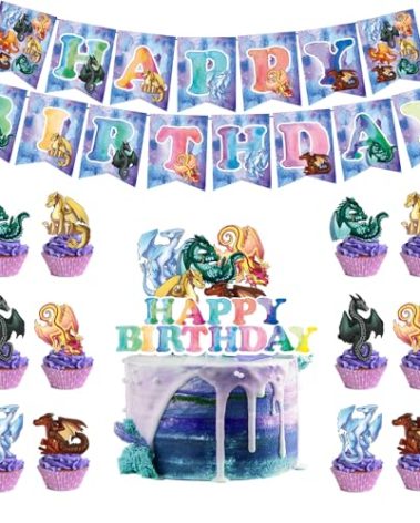 26pcs Wings of Fire Party Decorations, Dragon Theme Birthday Party Supplies include Happy Birthday Banner, Cupcake Topper for Kids Adults Party Decorations