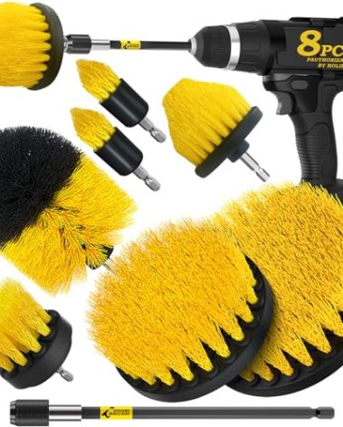 Holikme 8 Piece Drill Brush Attachments Set, Power Scrubber with Extend Long Attachment，Cleaning Supplies for Bathtub, Shower, Grout, Tile(Yellow)