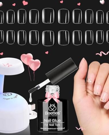 Beetles Gel Nail Tips Kit Square 500Pcs Pre-shaped Extra Short Square Nail Tips with 5 in 1 Mutipurpose Glue Gel Base Uv Led Nail Lamp