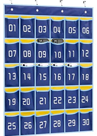 MISSLO Classroom Cell Phone Calculator Holder Numbered 30 Pockets Chart Hanging Wall Door Storage Organizer (Blue)