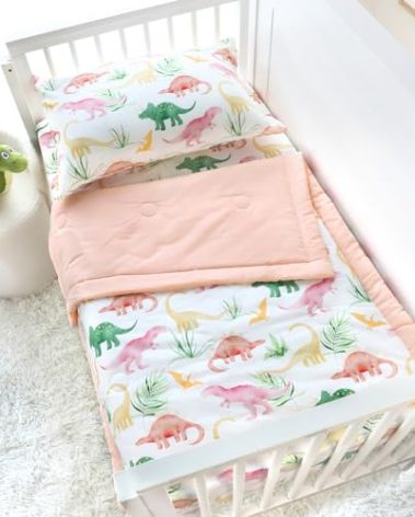 SWESEN 3 Pieces Toddler Bedding Set, Breathable Muslin Crib Comforter Set for Boys Girls, Standard Size Toddler Nursery Bed Set Includes Comforter, Fitted Crib Sheet, and Pillowcase, Dinosaur