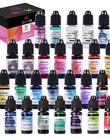 Alcohol Ink for Epoxy Resin LET'S RESIN Concentrated Alcohol Ink Set, 26 Vibrant Colors Alcohol-Based Resin Ink,Alcohol Paint Resin Dye for Resin Art, Tumblers, Resin Epoxy(Each 0.35oz)
