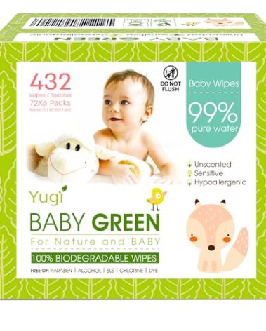 Yugi Green Baby Wipes – Unscented, Compostable, Biodegradable, Plant-Based, Fragrance-Free, for Sensitive Skin & Babies – 6 Packs of 72 (432 Count)