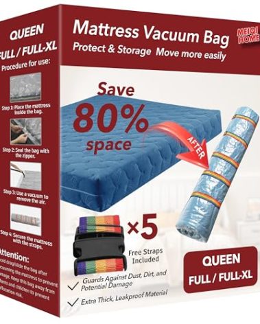 Queen/Full/Full-XL Mattress Vacuum Bag for Moving and Storage, Vacuum Seal Compression Bag for Queen and Full Size Mattresses, Heavy Duty Mattress Bag for Storage, with Sealing Clip and 5 Straps