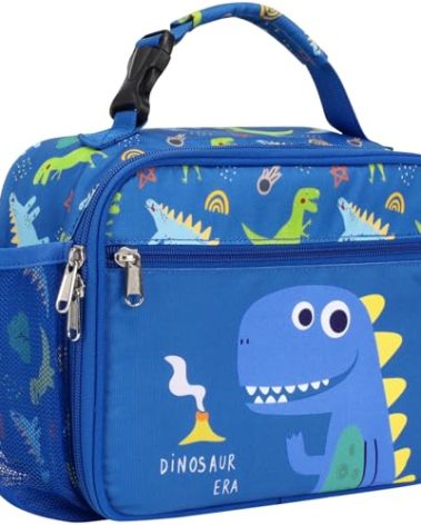 Bagseri Kids Lunch Bag Boys - Insulated Lunch Box for Kids Reusable Leak-Proof Boys Lunch Bag with Leak-proof Lining Toddler Lunch Box for Daycare and School, Blue Cute Dinosaur