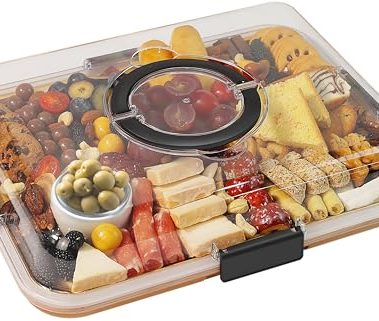 Renmxj Charcuterie Board with Clear Lid, Travel Portable Cheese Board Charcuterie Boxes Cutting Boards for Kitchen, House Warming Gifts New Home, Gifts for Women (6 Compartments Black)