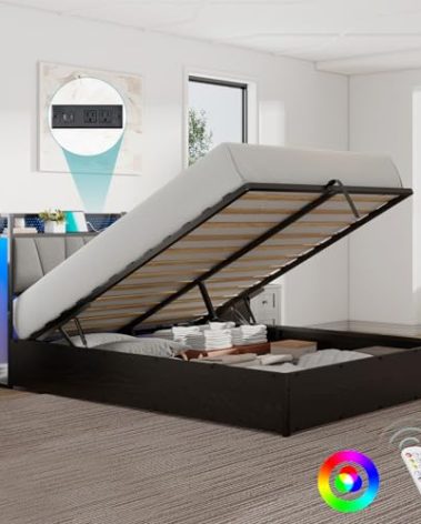 LUXOAK Full Size Lift Up Storage Bed Frame with LED Lights, Linen Upholstered Headboard with Charging Station, Wooden LED Light Platform Bed Frame, No Spring Box Needed/Noise Free, Black