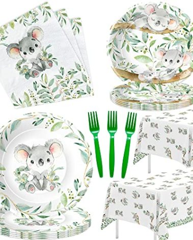 APOWBLS Koala Birthday Party Supplies - Safari Jungle Animal Australian Koala Theme Baby Shower Birthday Decorations Tableware, Paper Plates, Napkins, Tablecloth, Forks | Serves 24