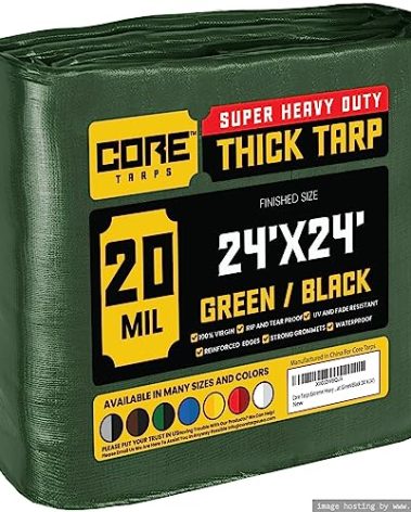 Core Tarps Extreme Heavy Duty 20 Mil Tarp Cover, Waterproof, UV Resistant, Rip and Tear Proof, Poly Tarpaulin with Reinforced Edges for Roof, Camping, Patio, Pool, Boat (Green/Black 24′ X 24′)