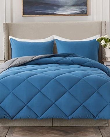 Decroom Lightweight Queen Comforter Set with 2 Pillow Sham - 3 Pieces Set - Quilted Down Alternative Comforter/Duvet Insert for All Season - Grayish Blue/Grey - Queen Size
