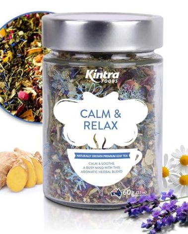 Kintra Foods Calm & Relax Loose Leaf | Herbal Blend With Chamomile, Lavender and Passionflower | Soothing Tea | Caffeine-Free Calming Tea | 60g Jar for Ultimate Relaxation