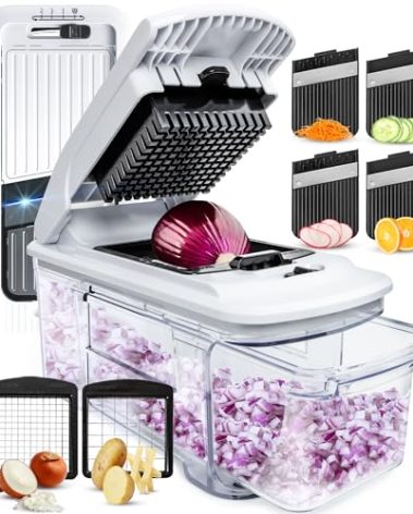 Fullstar All-in-1 Vegetable Chopper and Mandoline Slicer for Kitchen - Cheese Grater, French Fry Cutter, Cheese Slicer - Bonus Handheld Spiralizer Included (4 in 1, Black/White)