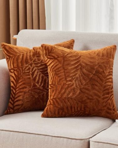 SOCHOW Fall Decorative Throw Pillow Covers 18x18 Inches Set of 2, Soft Leaves Textured Flannel Fleece Pillowcase Square Cushion Covers for Sofa Couch Bed, Caramel