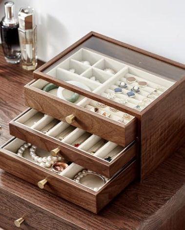 Homruilink Black Walnut Wooden Jewelry Box Women large 3 Layer Drawer Organizer Box with Glass Lid for Necklaces, Watch, Necklace, Ring, Earring Storage - Gifts