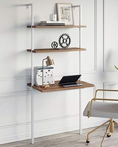 Nathan James Theo 2-Shelf Industrial Wall Mount Ladder, Small Computer or Writing Desk, Rustic Oak/White