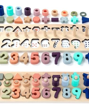 BEKILOLE Wooden Montessori Toys for Kids Toddler Number Puzzles Sorter Counting Shape Stacker Stacking Game Preschool Toys for Boy Girl Learning Education Math Blocks 1 Year Old Girl Gifts (Macron)