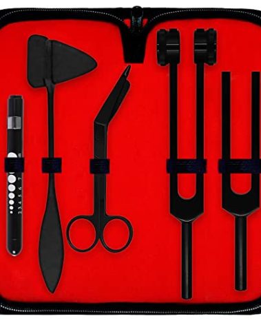 DEXSUR Diagnostics Kit - Percussion Taylor Reflex Hammer + C 128 & C 512 Tuning Forks + Bandage Scissors + Pupil Gauge Pen Light in Carrying Case - 6 Pieces Set - Full Black