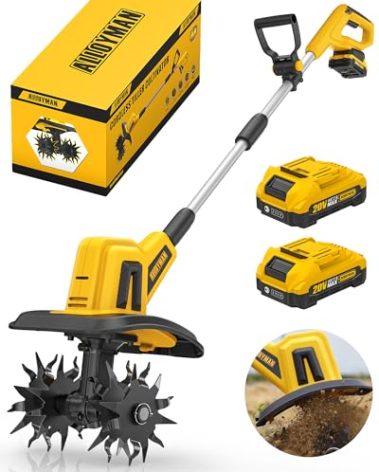 Alloyman 20V Cordless Tiller Cultivator, 360RPM Electric Garden Tiller, with 2 * 2.0Ah Batteries & Charger, 9In Tilling Width and 6.6In Depth Garden Rototiller for Lawn/Gardening/Soil Cultivation