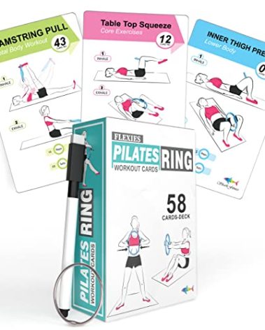 Flexies Pilates Ring Workout Cards -58 Exercise ring Card with Pilates circle Work Out Posture, Instruction & Breathing Tips | Free Dry-Erase Marker & Binding ring|Pilates Equipment Thigh Master guide