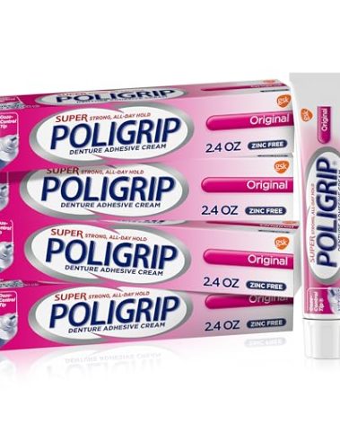 Super Poligrip Original Denture Adhesive Cream, Zinc Free Denture Cream for Dentures - 2.4 Ounces (Pack of 4)