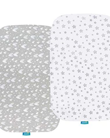 Bassinet Sheets Compatible with Baby Delight Beside Me Dreamer Bassinet, 2 Pack, 100% Jersey Knit Cotton Fitted Sheets, Breathable and Heavenly Soft, Grey and White Print for Baby