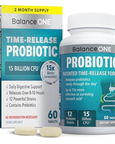 Balance ONE Probiotic for Women & Men – Time-Release Tablets for 15x Survivability – 12-Strain Formula with L. Plantarum & L. Acidophilus – Gut & Digestive Health Support – 60 Tablets (30-Day Supply)
