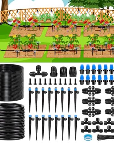 Kafuzi 230FT New Quick-Connect Drip Irrigation System Kit, Automatic Garden Watering Misting System for Greenhouse, Yard, Lawn, Plant with 1/2 inch Hose 1/4 inch Distribution Tubing and Accessories