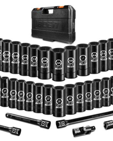 BOEN 35PCS 1/2” Drive Impact Socket Set, Deep SAE(3/8"-1-1/4") & Metric(8-24mm) Socket with Extension Bars, 6 Point Cr-V Steel for Auto Repair, Double Lock Case
