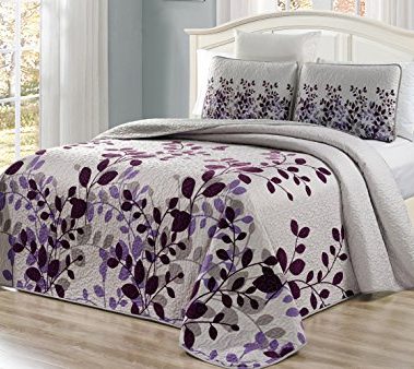 GrandLinen - 3-Piece Fine Printed Oversize (118 X 95) Fresca Quilt Set Reversible Bedspread Coverlet King/Cal King Size Bed Cover (Purple, Grey, Vine)